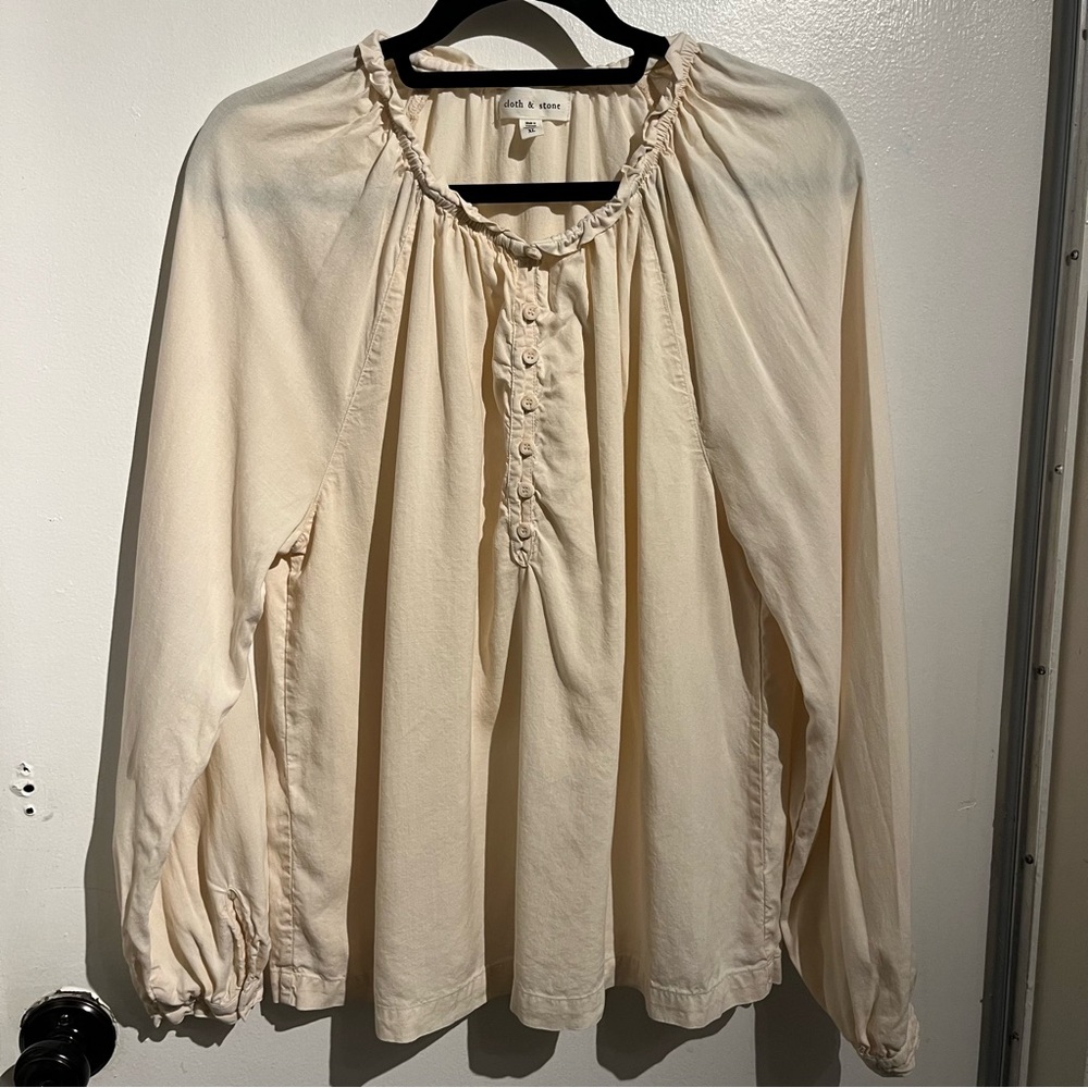 Cloth & Stone Cream Ruffle Neck Blouse Top Shirt Boho Cottage Prairie Peasant XL